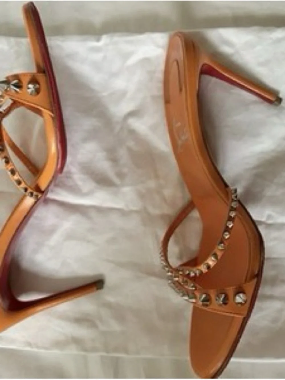 Christian Louboutin Tan Leather Spike Stud Open Toe Slip-On Sandal Heels EU 39